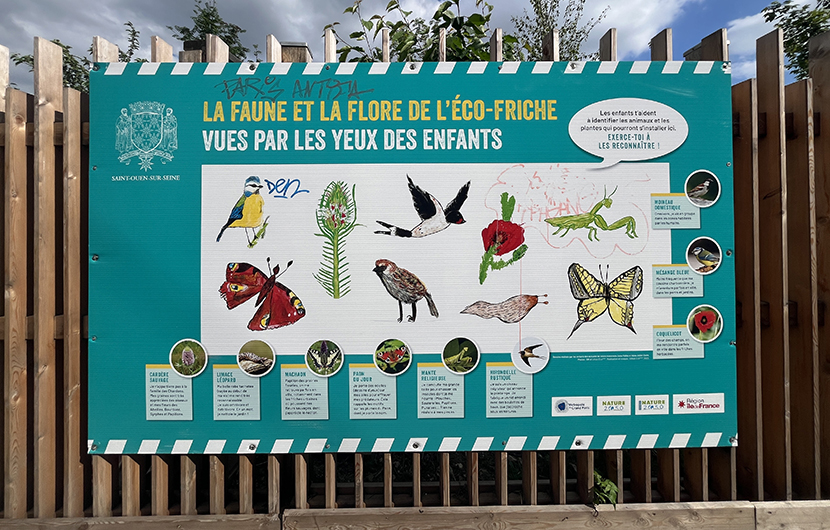 Panneau de sensibilisation sur la biodiversité, réalisé en partenariat avec les élèves de la commune de Saint-Ouen-sur-Seine (93)